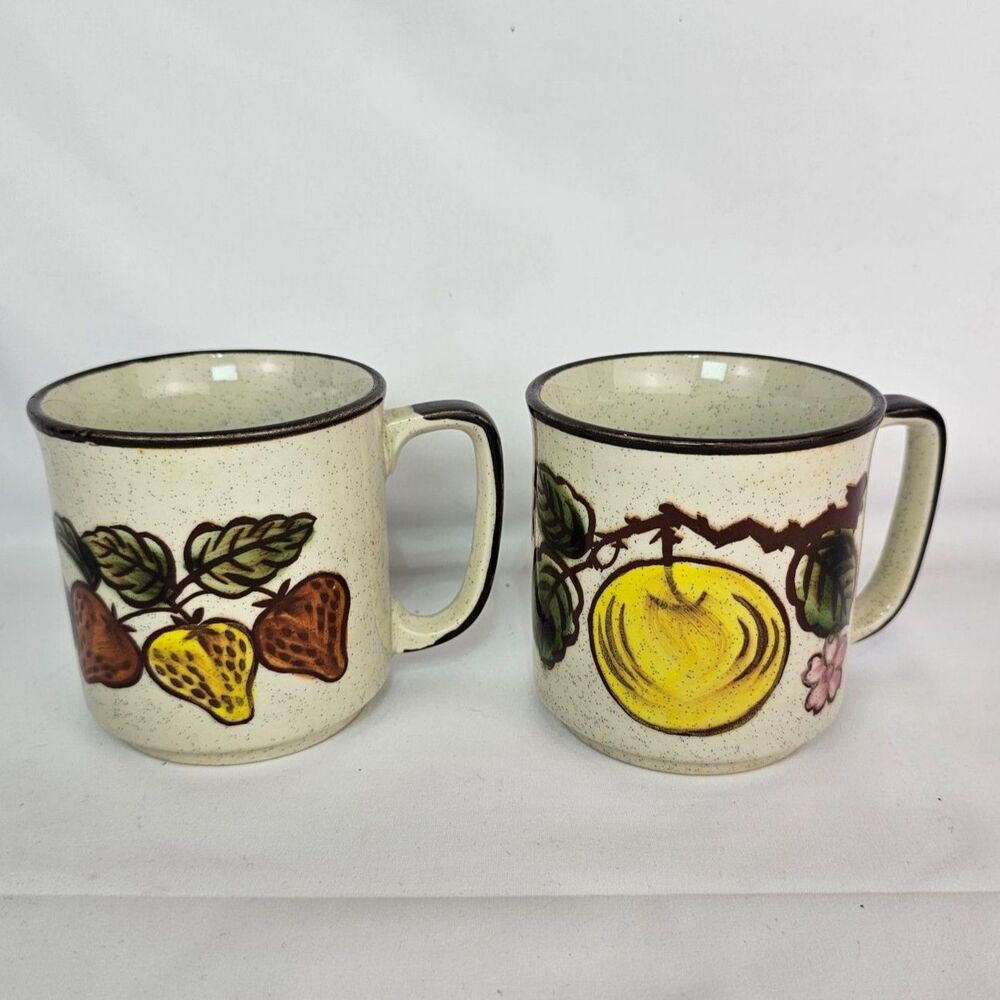 Vintage Style Ceramic Fruit Coffee Mugs Set of 2 Speckled Farmhouse 4"